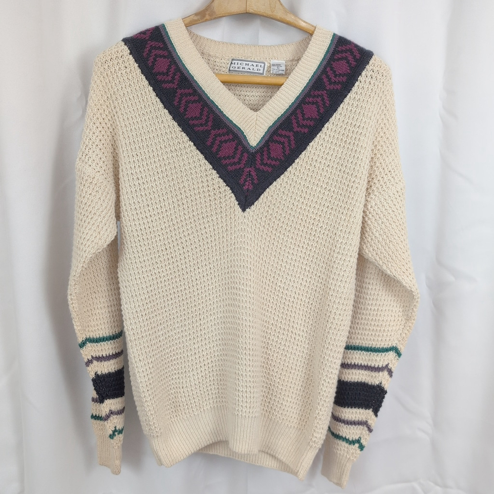 Men's Crochet Knit Vintage Michael Gerald V Neck Sweater L